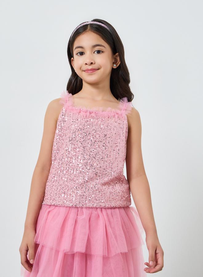 Styli Girls Pink Sequin Top and Tiered Tulle Skirt Set - Image 2